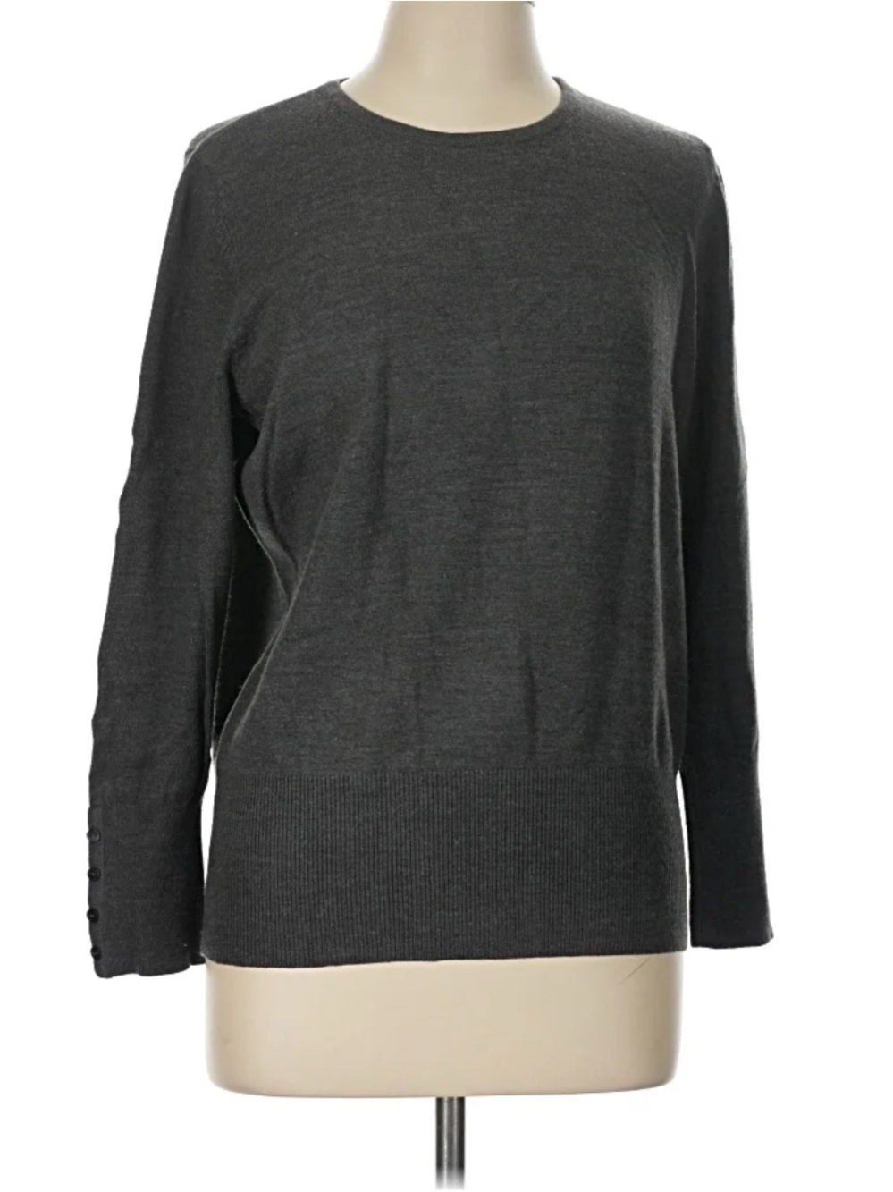 JM Collection Dark Gray Crewneck Sweater with Cuff Buttons